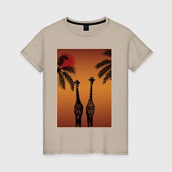 Футболка хлопковая женская Жирафы и пальмы на закате, цвет: миндальный