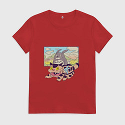 Футболка хлопковая женская Тоторо на котобусе, цвет: красный
