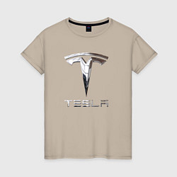 Футболка хлопковая женская Tesla Logo Тесла Логотип, цвет: миндальный