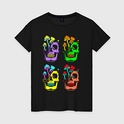 Футболка хлопковая женская Skulls Pop art, цвет: черный