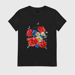 Футболка хлопковая женская Летний букет мак василек ромашка цветы лето, цвет: черный