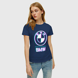 Футболка хлопковая женская Значок BMW в стиле glitch, цвет: тёмно-синий — фото 2