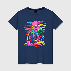 Футболка хлопковая женская Барт Симпсон - крутой скейтер - разноцветные клякс, цвет: тёмно-синий