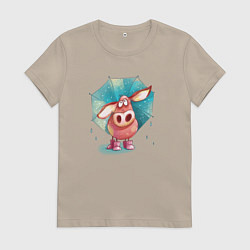 Футболка хлопковая женская Свинка под зонтиком в дождь, цвет: миндальный