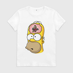 Футболка хлопковая женская Мартышка бьёт в тарелки в голове Гомера Симпсона, цвет: белый