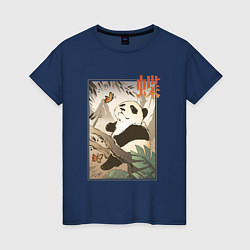 Футболка хлопковая женская Панда и бабочка - Японская гравюра Укиё Э, цвет: тёмно-синий