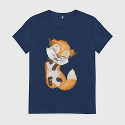 Футболка хлопковая женская Довольная радостная лисичка, цвет: тёмно-синий