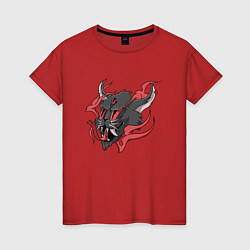 Футболка хлопковая женская Кот демон в стиле татуировки, цвет: красный