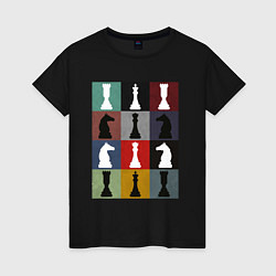 Футболка хлопковая женская Шахматные фигуры на цветном фоне, цвет: черный