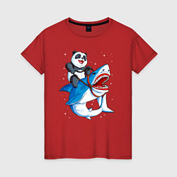 Футболка хлопковая женская Панда верхом на акуле в космосе, цвет: красный