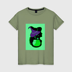 Футболка хлопковая женская Девушка ведьма и котел с зельем, цвет: авокадо
