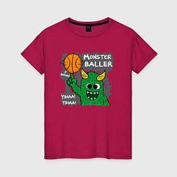 Футболка хлопковая женская Весёлый монстрик - баскетболист, цвет: маджента