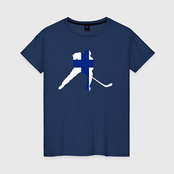 Футболка хлопковая женская Хоккеист с флагом Финляндии, цвет: тёмно-синий