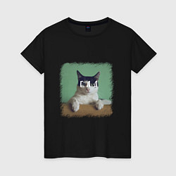 Футболка хлопковая женская Мем - голодный кот, цвет: черный