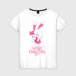 Футболка хлопковая женская Cute bunny, merry Christmas, цвет: белый