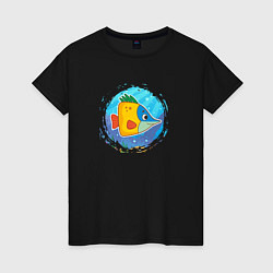 Футболка хлопковая женская Мультяшная морская рыбка, цвет: черный