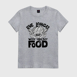 Футболка хлопковая женская Живи дольше со здоровой пищей, цвет: меланж