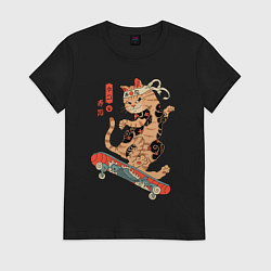 Футболка хлопковая женская Кот самурай скейтбордист, цвет: черный