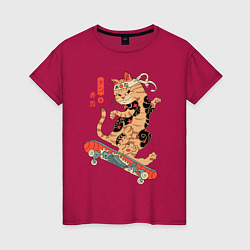 Футболка хлопковая женская Кот самурай скейтбордист, цвет: маджента