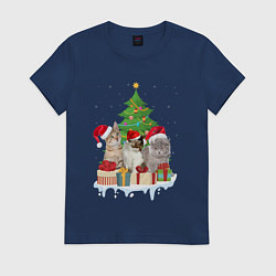 Футболка хлопковая женская Коты и елка с подарками, цвет: тёмно-синий