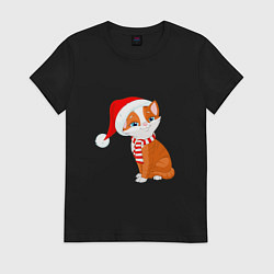 Футболка хлопковая женская Новогодний рыжий кот, цвет: черный