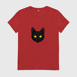 Футболка хлопковая женская Черный кот с сияющим взглядом, цвет: красный