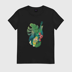 Футболка хлопковая женская Ретро акустическая гитара с барабаном и тропически, цвет: черный