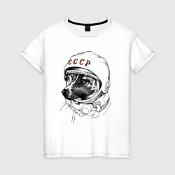Футболка хлопковая женская Лайка собака космонавт СССР, цвет: белый