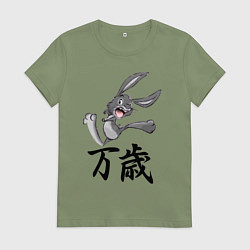 Футболка хлопковая женская Шальной заяц кричит банзай, цвет: авокадо