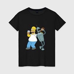 Футболка хлопковая женская Drunk Homer and Bender, цвет: черный