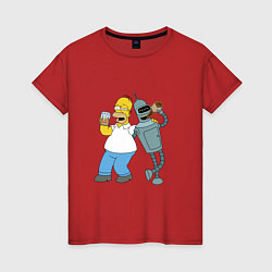 Футболка хлопковая женская Drunk Homer and Bender, цвет: красный