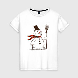 Футболка хлопковая женская Новогодний снеговик с метлой, цвет: белый