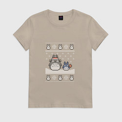 Футболка хлопковая женская Новогодние тоторики - ugly sweater, цвет: миндальный