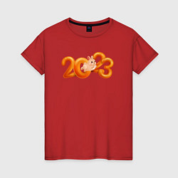 Футболка хлопковая женская 2023 - надпись с кроликом, цвет: красный