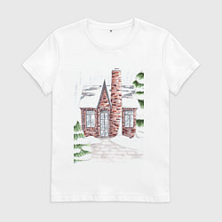 Футболка хлопковая женская Зимний домик в снегу, цвет: белый