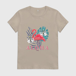 Футболка хлопковая женская Розовый фламинго и белые цветы, цвет: миндальный