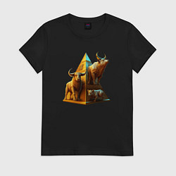 Футболка хлопковая женская Бык на фоне пирамиды, цвет: черный