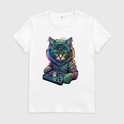 Футболка хлопковая женская Кот диджей, цвет: белый