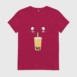 Футболка хлопковая женская Тоторо с напитком, цвет: маджента