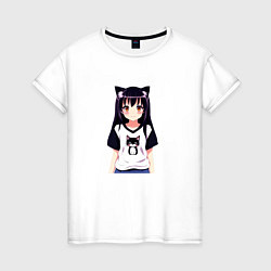 Футболка хлопковая женская Девочка аниме с котиком, цвет: белый