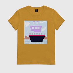 Футболка хлопковая женская Корабль двухъярусный с трубами, цвет: горчичный
