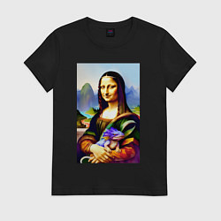 Футболка хлопковая женская Mona Lisa with baby dragon, цвет: черный