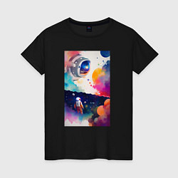 Футболка хлопковая женская Абстрактный космонавт и разноцветные брызги краски, цвет: черный