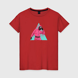Футболка хлопковая женская Игра в кальмара охранник в маске Треугольник, цвет: красный