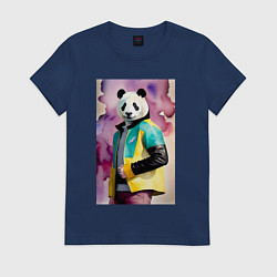 Футболка хлопковая женская Панда в модной куртке - акварель, цвет: тёмно-синий