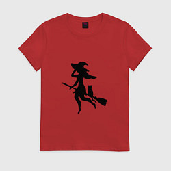 Футболка хлопковая женская Ведьмочка и кот на метле, цвет: красный