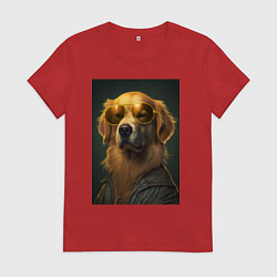 Футболка хлопковая женская Золотистый ретривер в очках, цвет: красный