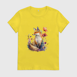 Футболка хлопковая женская Акварельная милая лиса, цвет: желтый