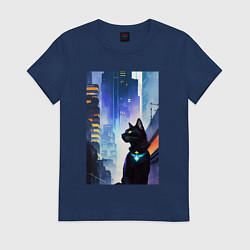 Футболка хлопковая женская Black cat - a resident of the metropolis - New Yor, цвет: тёмно-синий