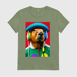 Футболка хлопковая женская Капибара в наушниках и шляпе - нейросеть, цвет: авокадо